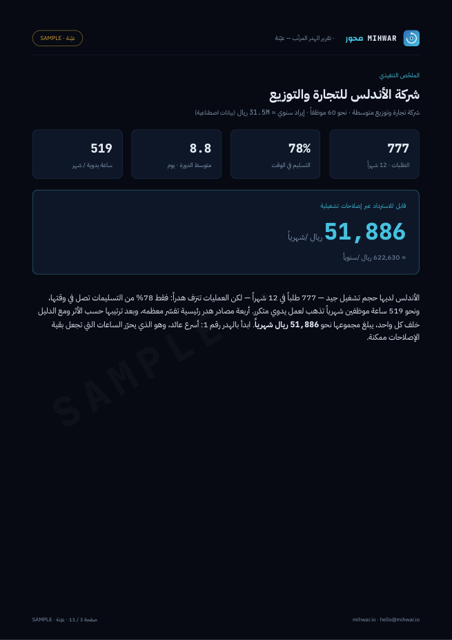 الملخّص التنفيذي — صفحة من تقرير العيّنة